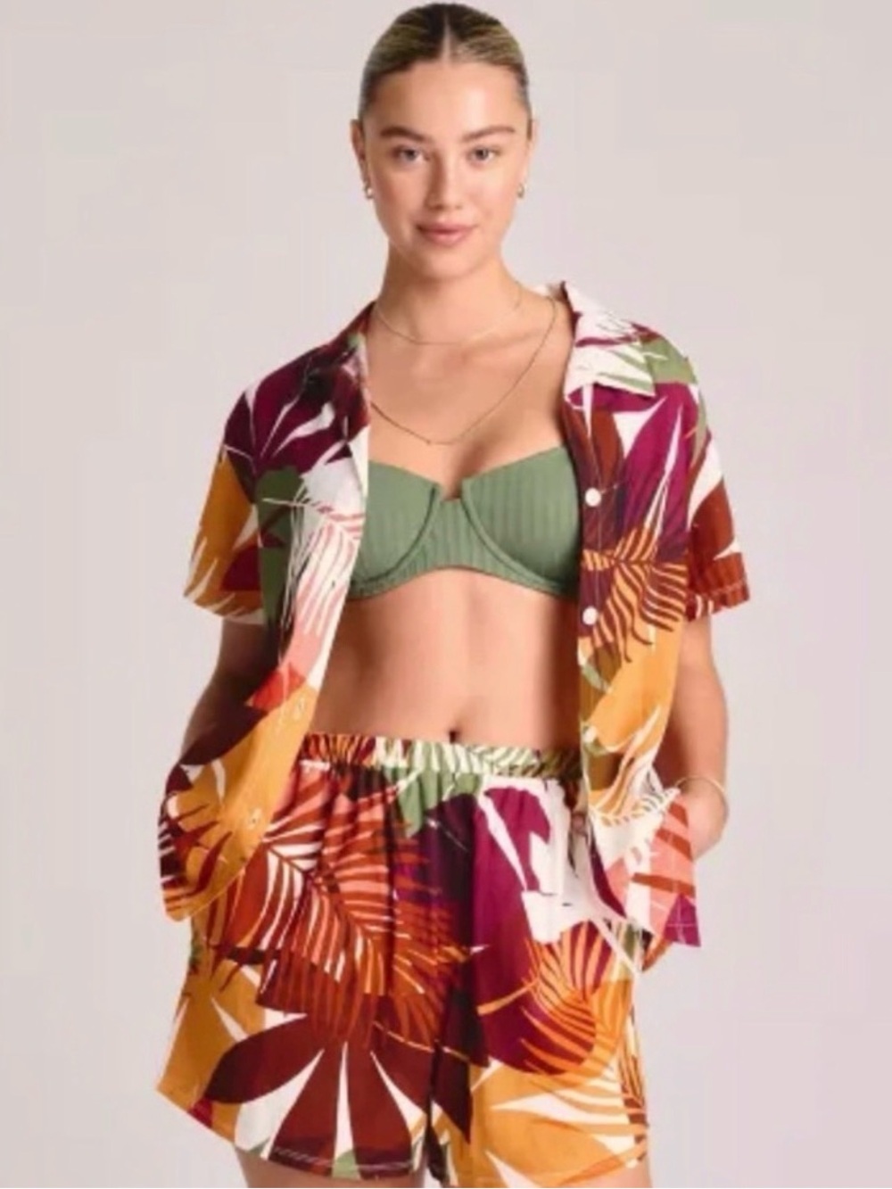 NWT Vitamin A Small Brown Top Button Front Tropical Print Linen Pearl Buttons